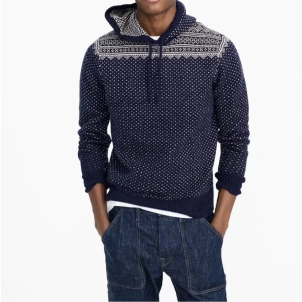 J. CREW Mercantile Navy Thick Wool Blend Fair Isle Bird's Eye Hooded Sweater M